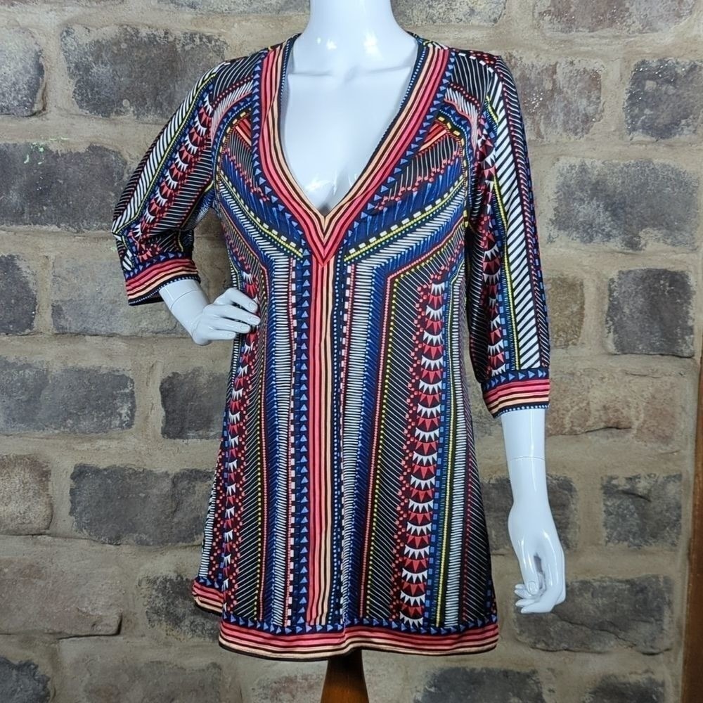 Bar III Womens Small Multicolor Geometric Tribal Print V-Neck 3/4 Sleeve Tunic